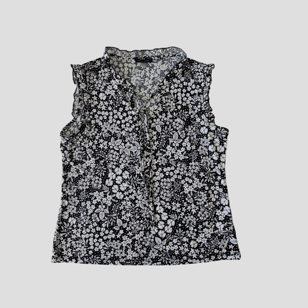 Tommy Hilfiger Blouse Womens M Black White Floral Ruffle Sleeve Top